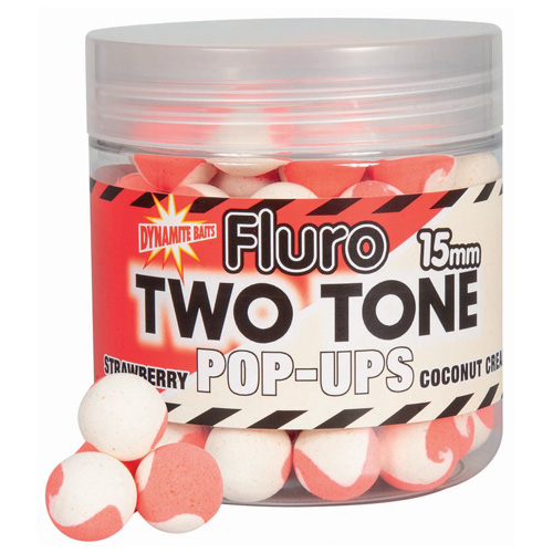 Dynamite baits strawberry coconut two tone fluro pop ups 15mm – Chrono Carp  ©