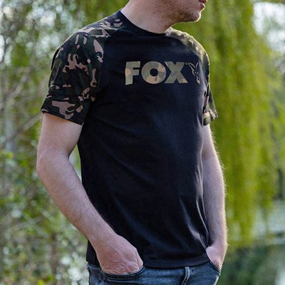 Camo Sleeves T-Shirt ALL SIZES Carp fishing tackle Fox Raglan Black 